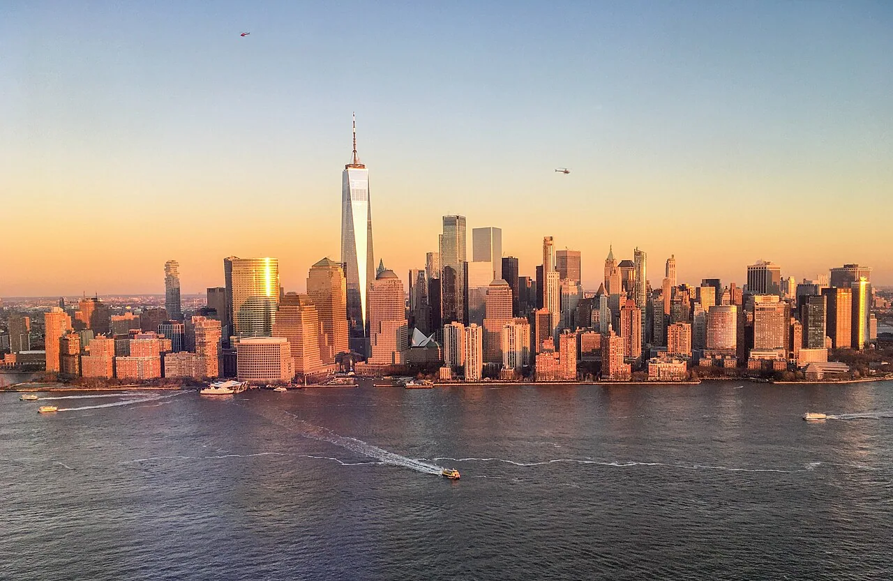 Aerial view of Lower Manhattan rooftops and the Hudson River
